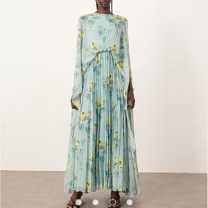 ASOS ARRANGE chiffon pleat volume maxi dress with wide sleeves in blue floral